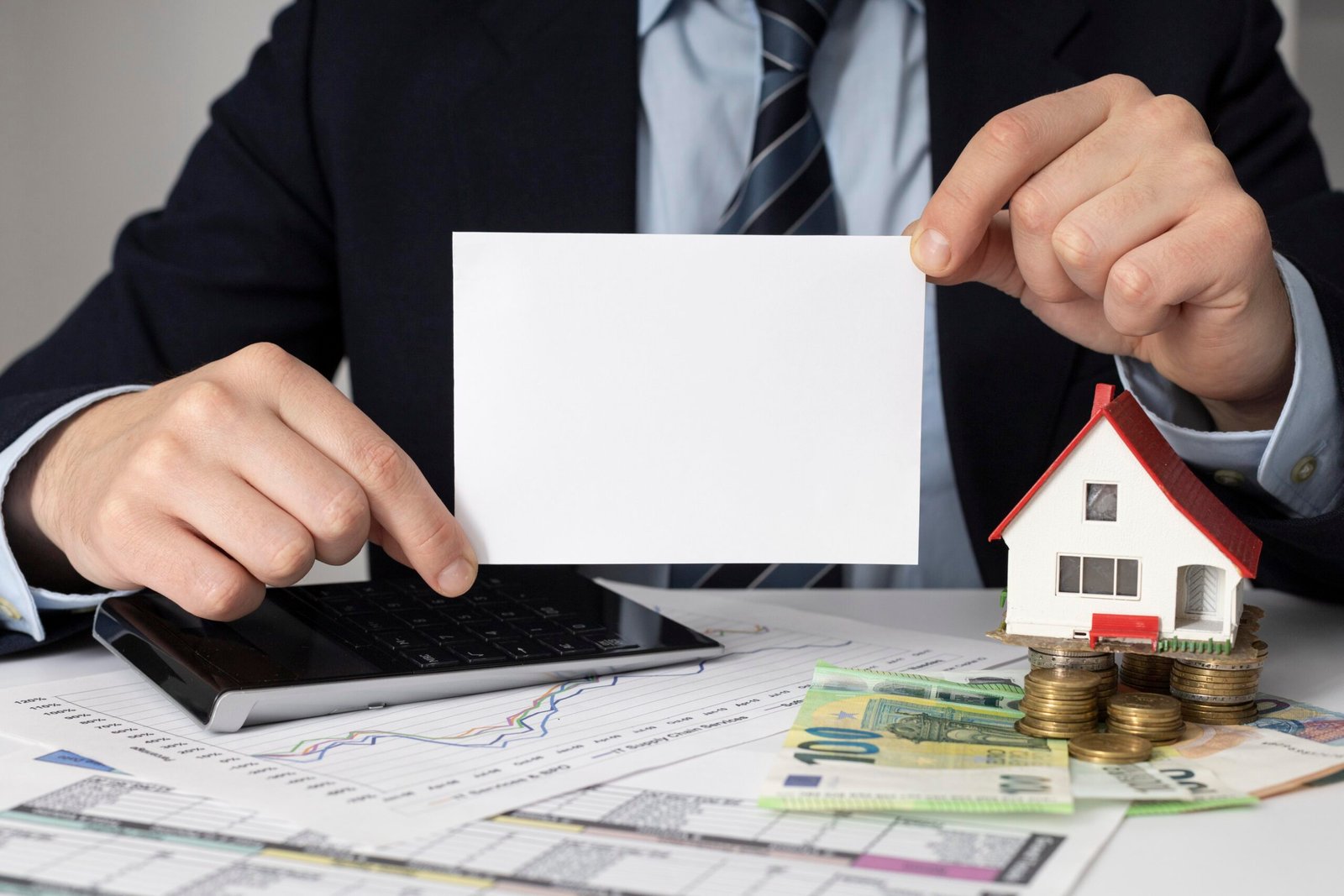 businessman-holding-empty-card-miniature-house
